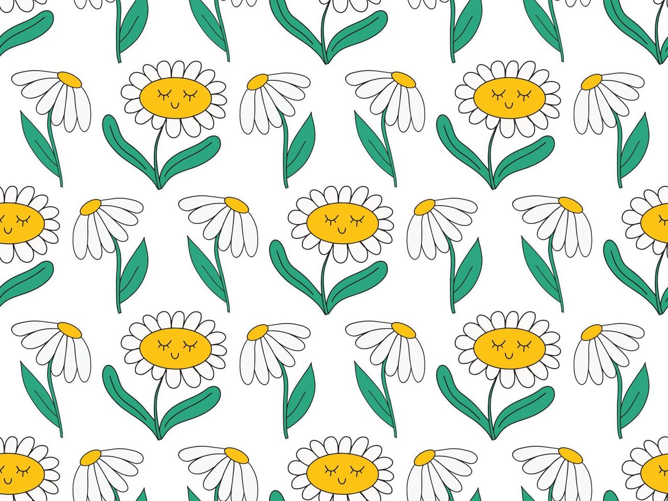 Cute kawaii daisy seamless pattern background with daisy chamomile flowers, smiling face. Bright floral childish vector background with colorful elements. Sweet plant character, retro 90s print