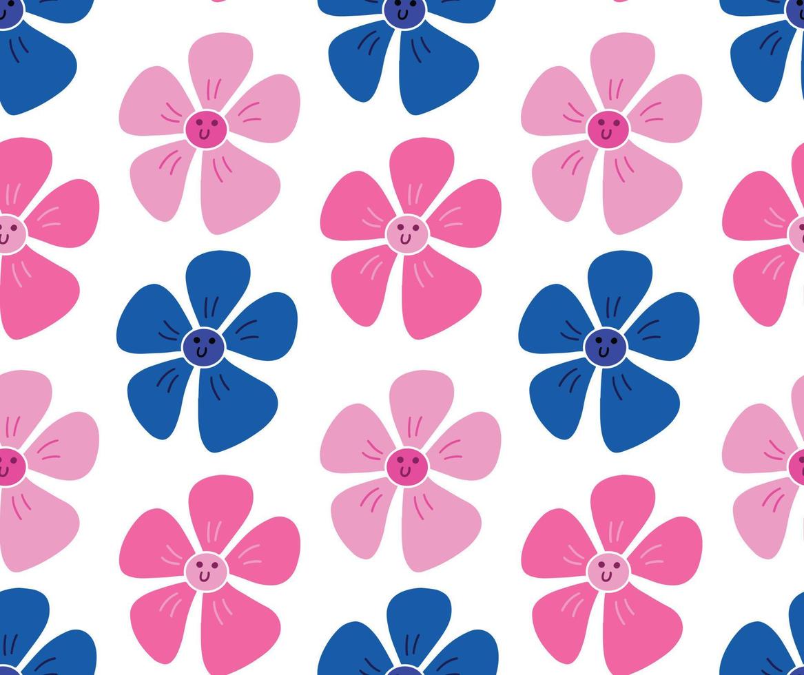 Cute floral seamless pattern background with daisy flower smile face. Pink  and blue smiling flowers on white backdrop. Print, wallpaper, vector  texture. 8831608 Vector Art at Vecteezy