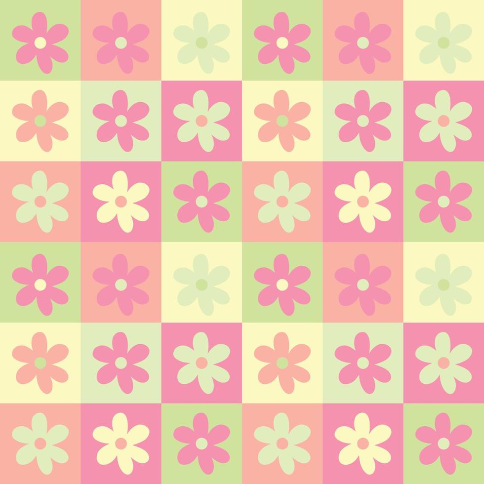 Cute patchwork floral seamless pattern background. Pastel colored checkerboard backdrop. Modern, trendy, bright vector design for textile, print, wallpaper