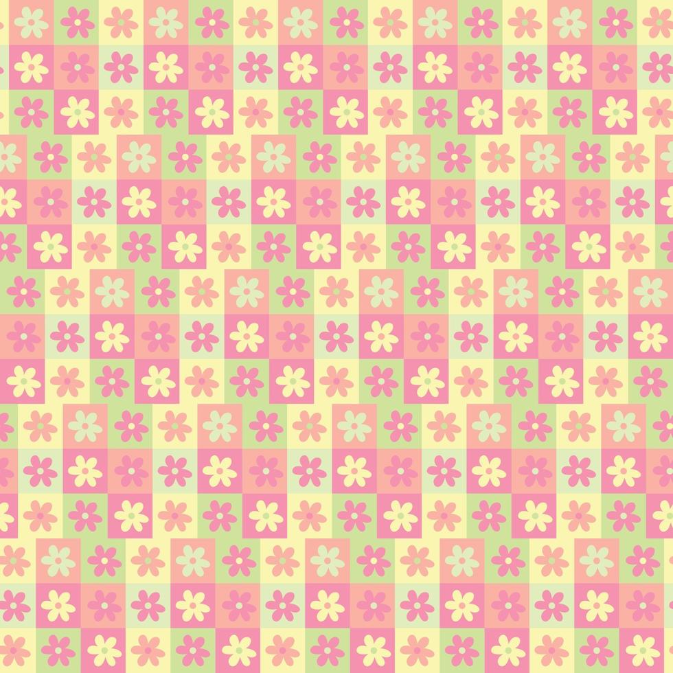 Cute patchwork floral seamless pattern background. Danish Pastel checkerboard backdrop. Modern, trendy, bright vector design for textile, print, wallpaper.