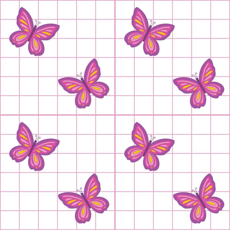 Pink and White Grid checkers seamless pattern with colorful butterfly. 90s - 2000s seamless pattern vector background. Retro vintage nostalgic girlish repeat texture design.