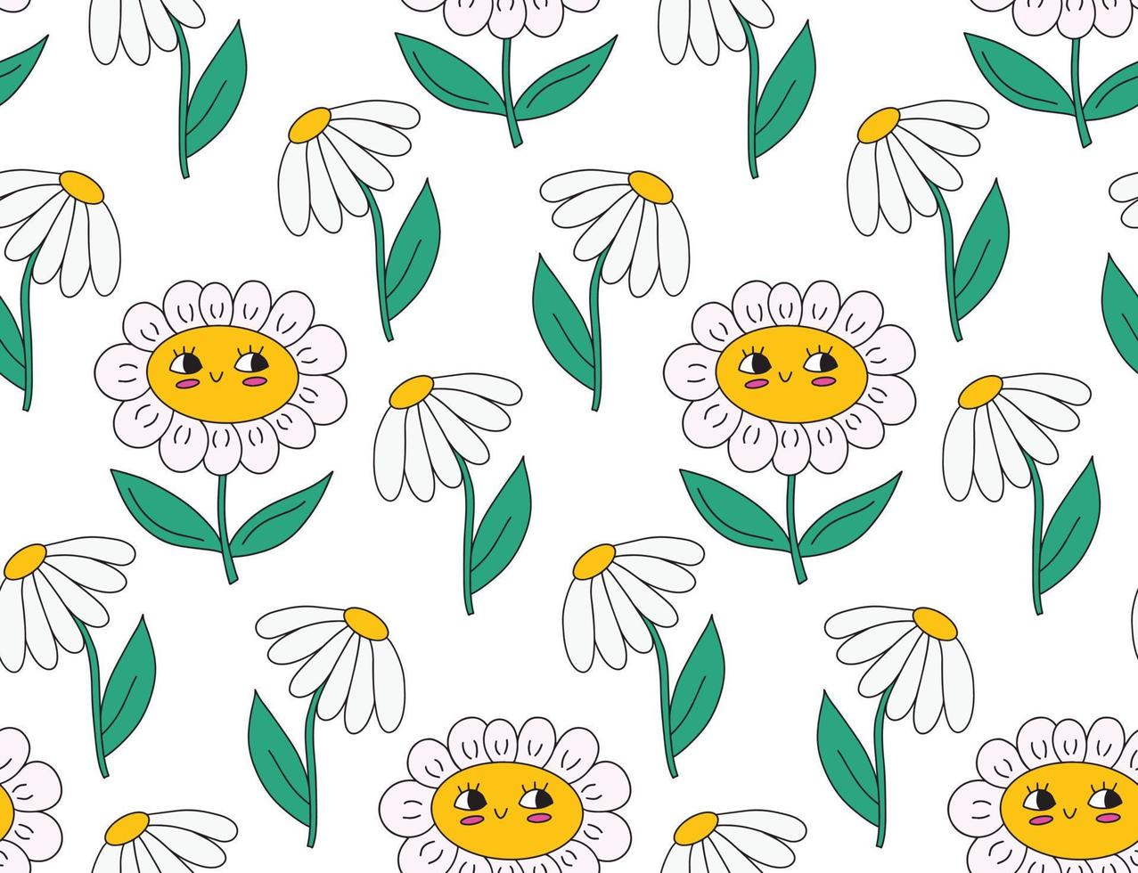 Cute kawaii daisy seamless pattern background with daisy chamomile flowers, smiling face. Bright floral childish vector background with colorful elements. Sweet plant character, retro 90s print