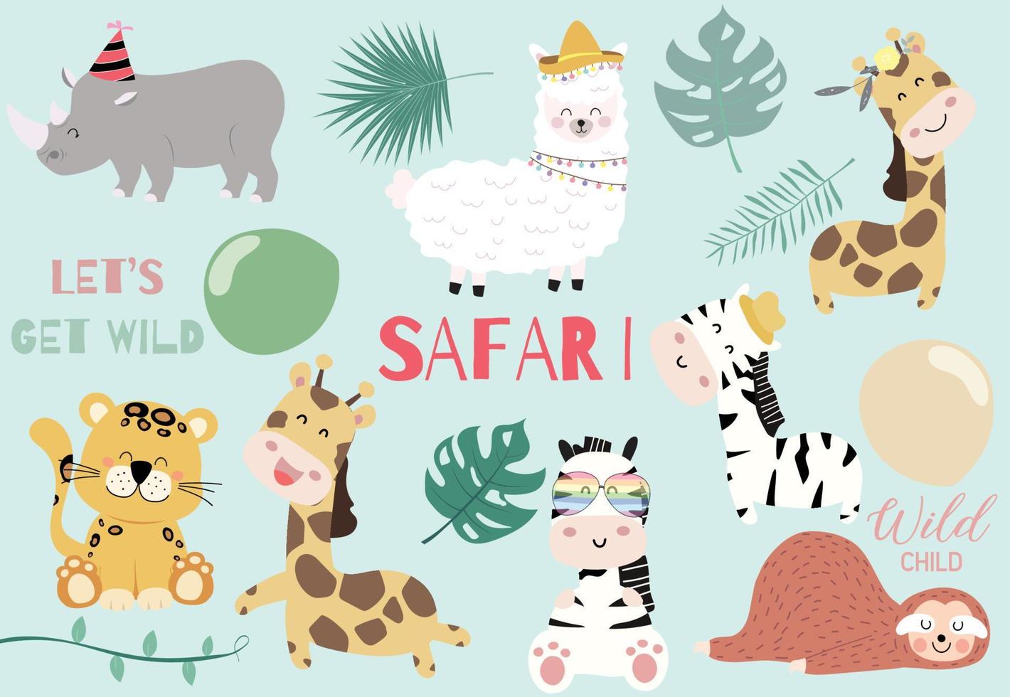 Collection of wild animal set with giraffe,tiger,zebra,sloth,llama vector