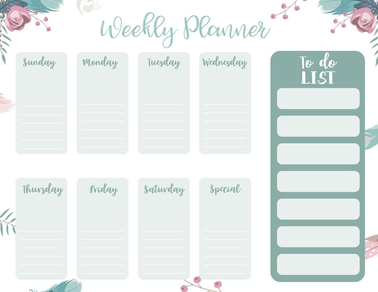 cute weekly planner background with flower,feather.Vector illustration for kid and baby vector