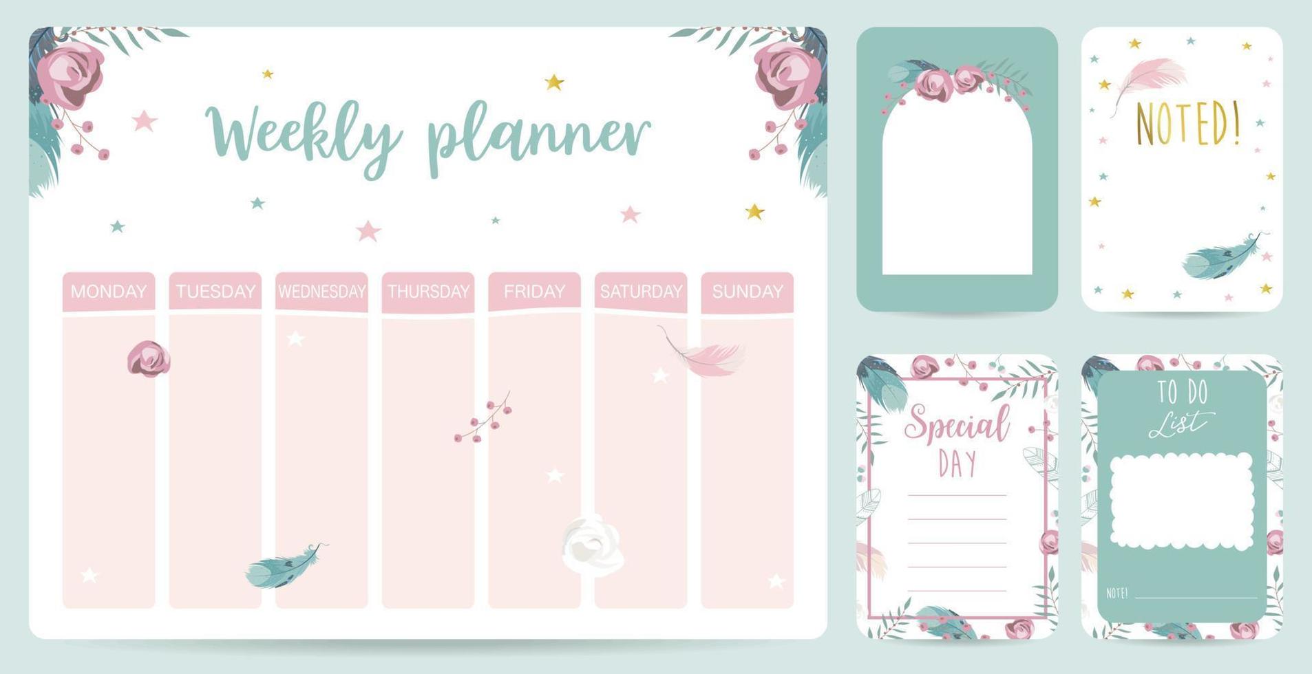 cute weekly planner background with flower,feather.Vector illustration for kid and baby vector