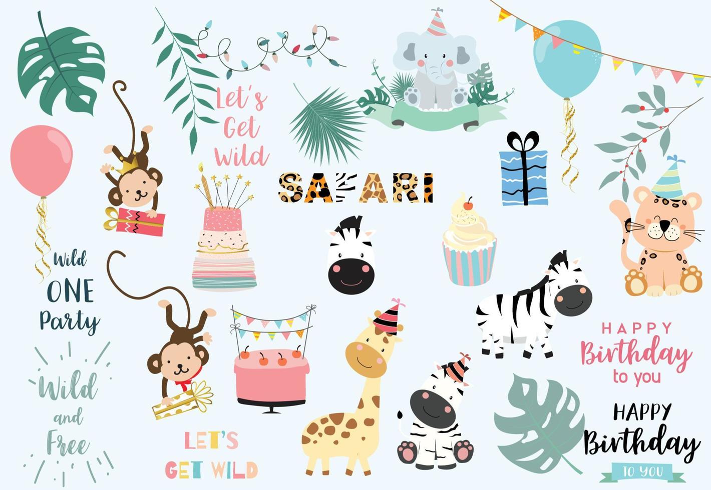 Collection of wild animal set with giraffe,tiger,zebra,monkey vector