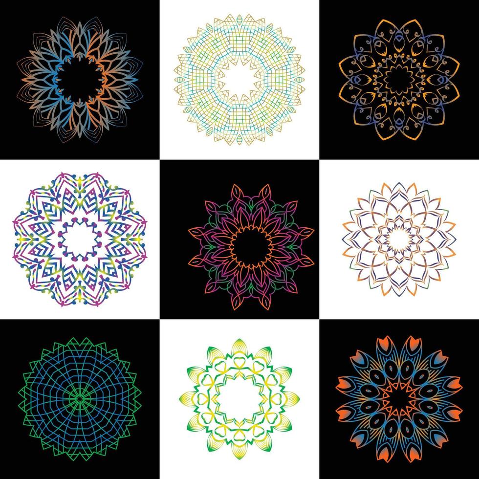 Set Floral Round ornament pattern mandala design vector illustration for print Hand drawn black background.