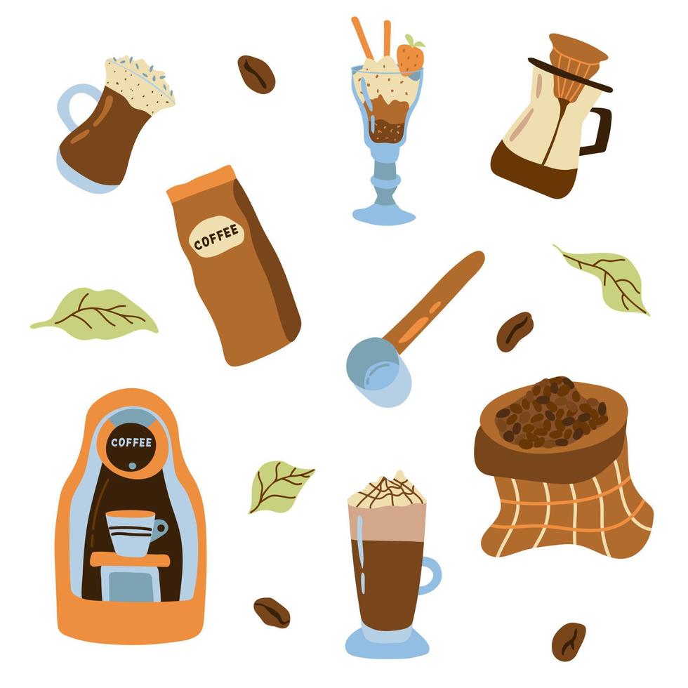 Hand drawn coffee set White background isolate Vector illustration.