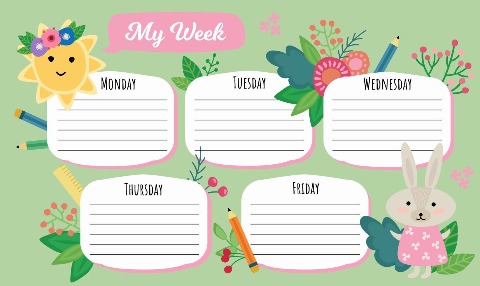 My week. Schedule lessons. Cute illustrations of the sun, bunny, flowers in a hand-drawn style. vector