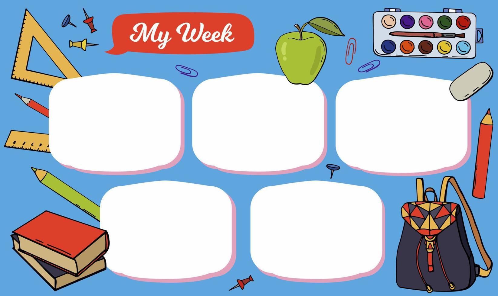 Template of a school schedule for 5 days of the week for students. vector