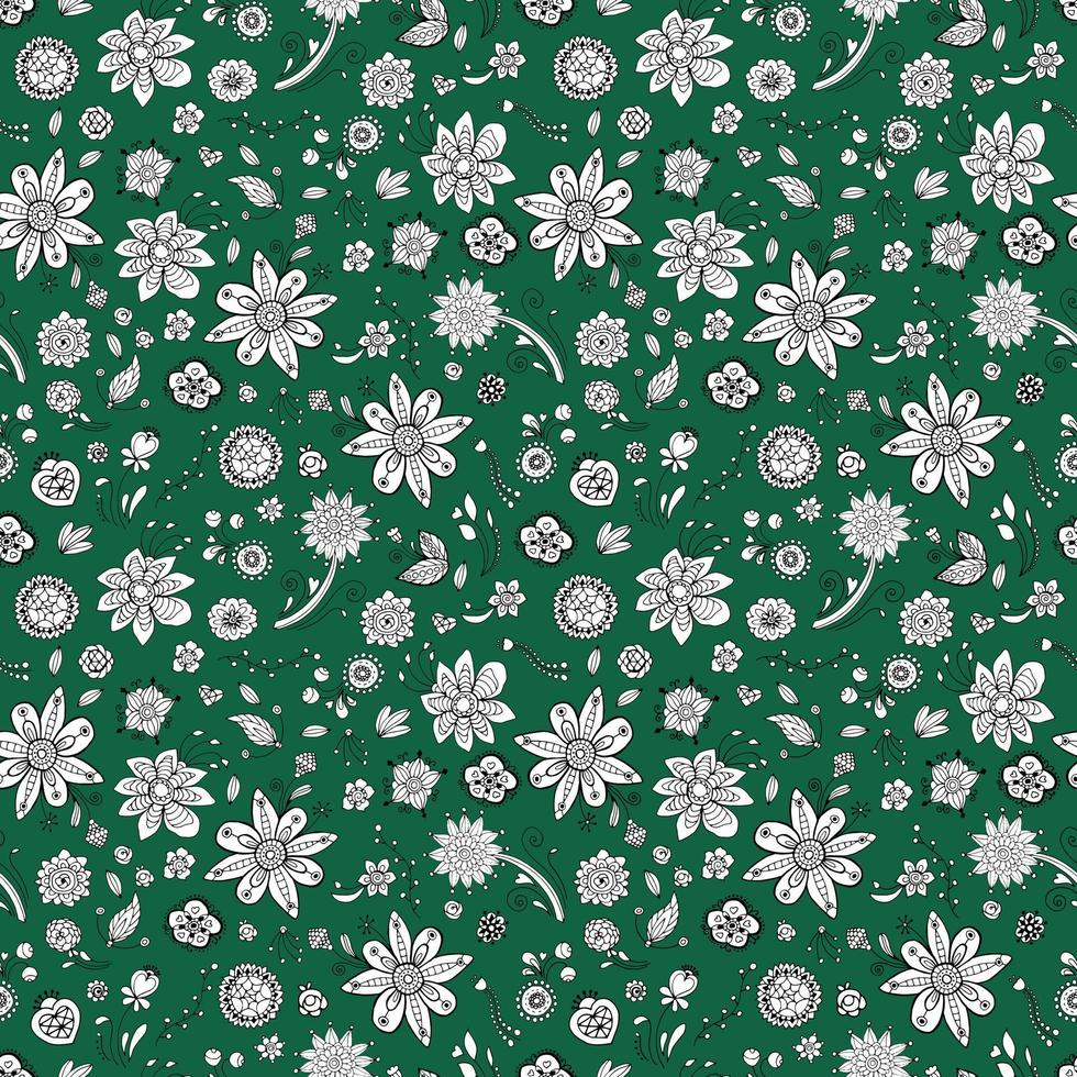 patrón floral dibujado a mano en estilo étnico. flores blancas sobre un fondo verde. vector