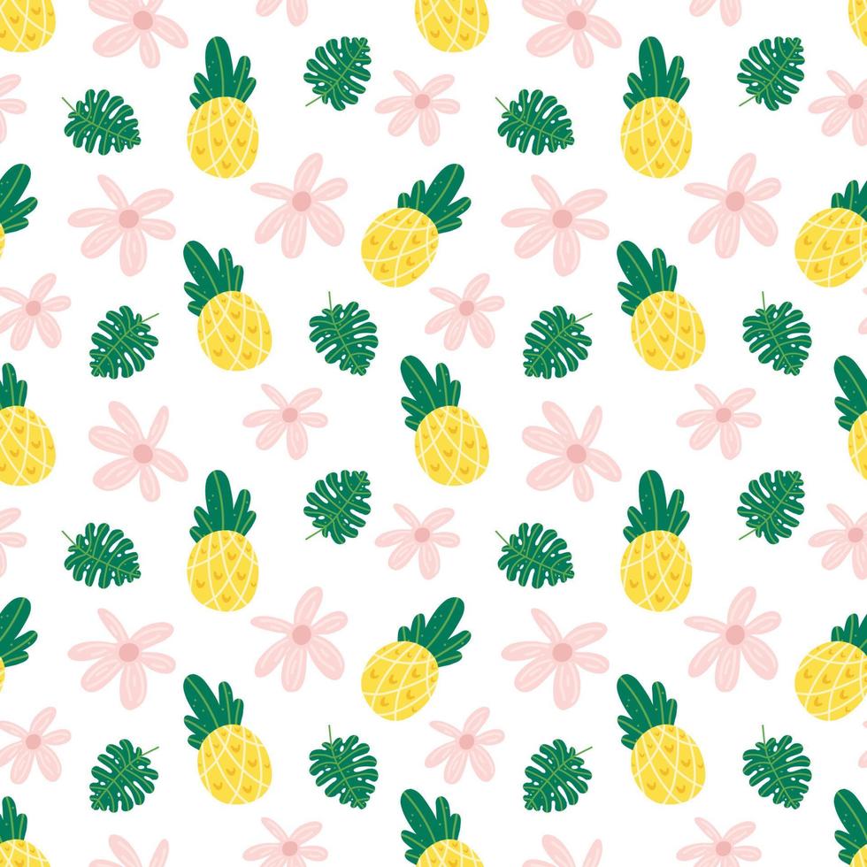 Pineapple flowers seamless vector pattern. Repeating vacations, tropics, exotic background with summer fruit. Use for fabric gift wrap packaging. Hawaii t-shirt