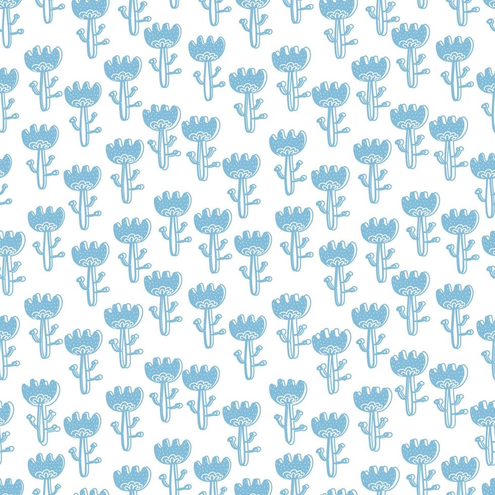 Scandi folk style flowers. Cartoon drawing blue eamless floral aattern. Scandinavian folk style. For fabric, cards, wallpaper, home decor. vector