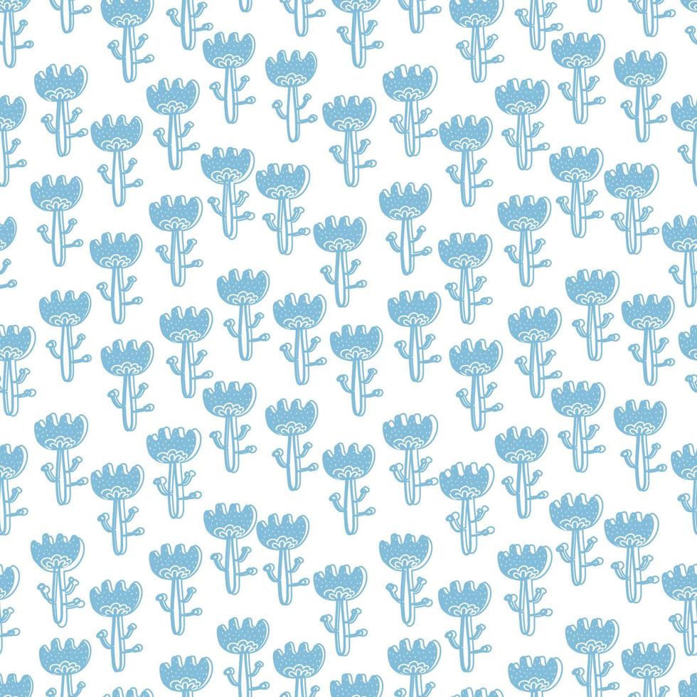 flores de estilo popular scandi. dibujo de dibujos animados patrón floral sin costuras azul. estilo popular escandinavo. para tela, tarjetas, papel tapiz, decoración del hogar. vector