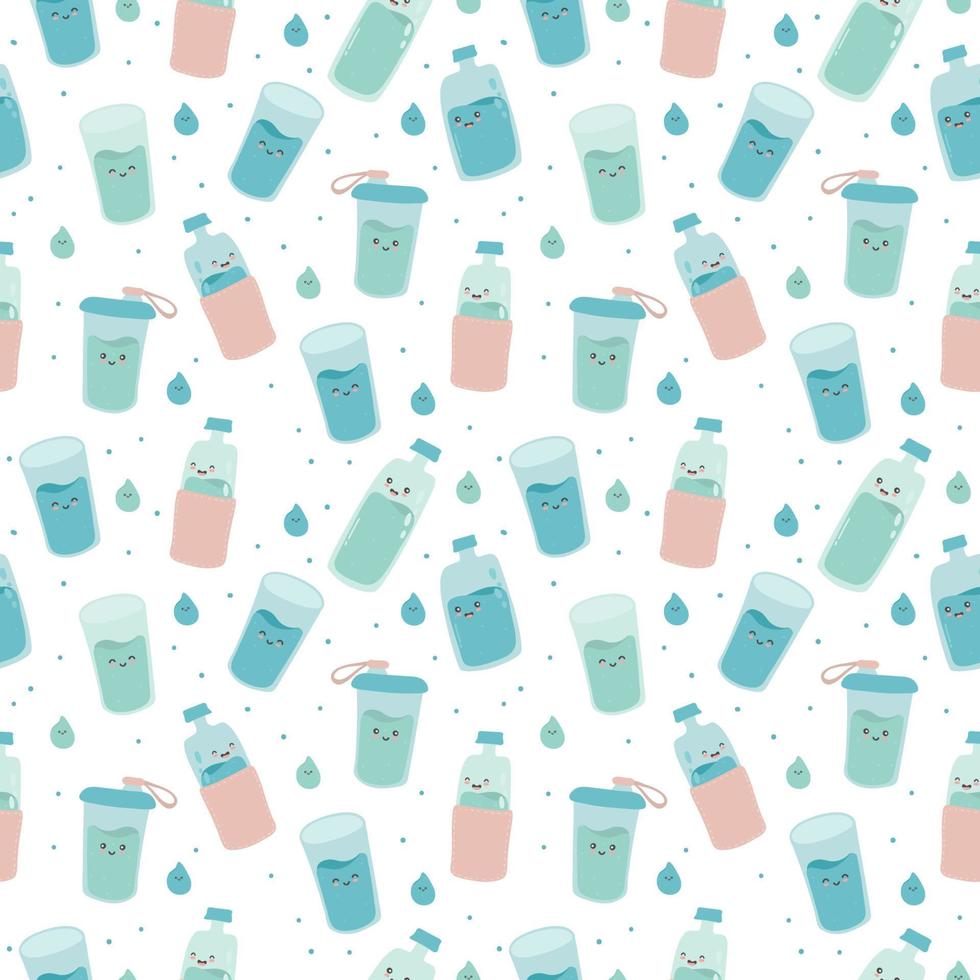 Seamless pattern with cute happy funny bottles and glasses. vector cartoon kawaii character water. Drink more water every day concept.