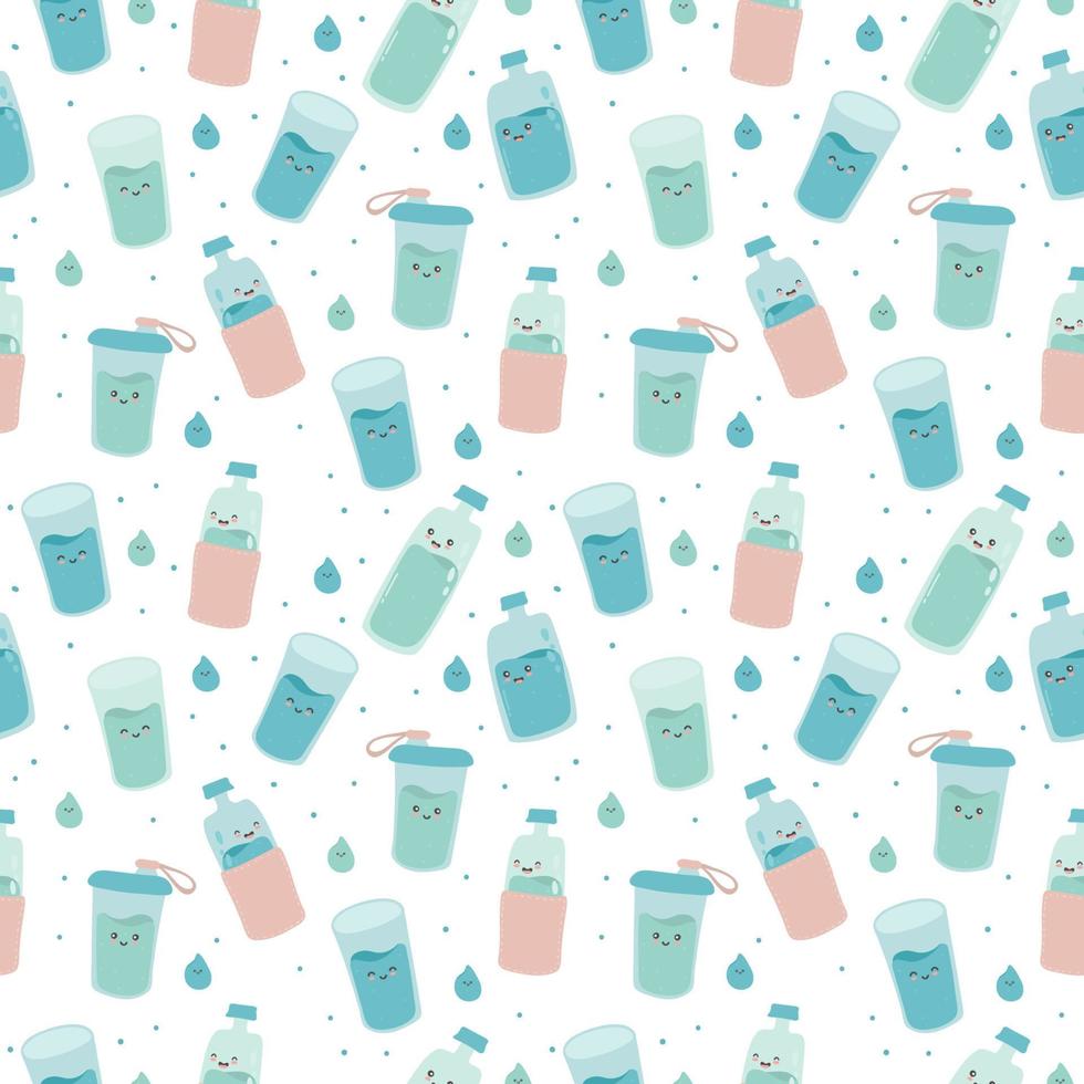 Seamless pattern with cute happy funny bottles and glasses. vector cartoon kawaii character water. Drink more water every day concept.