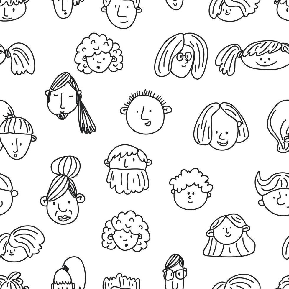 seamless pattern with peoples faces. black and white Sketch. Hand-drawn doodle style.. Line art. Different men and women. Cartoon characters. Vector illustration