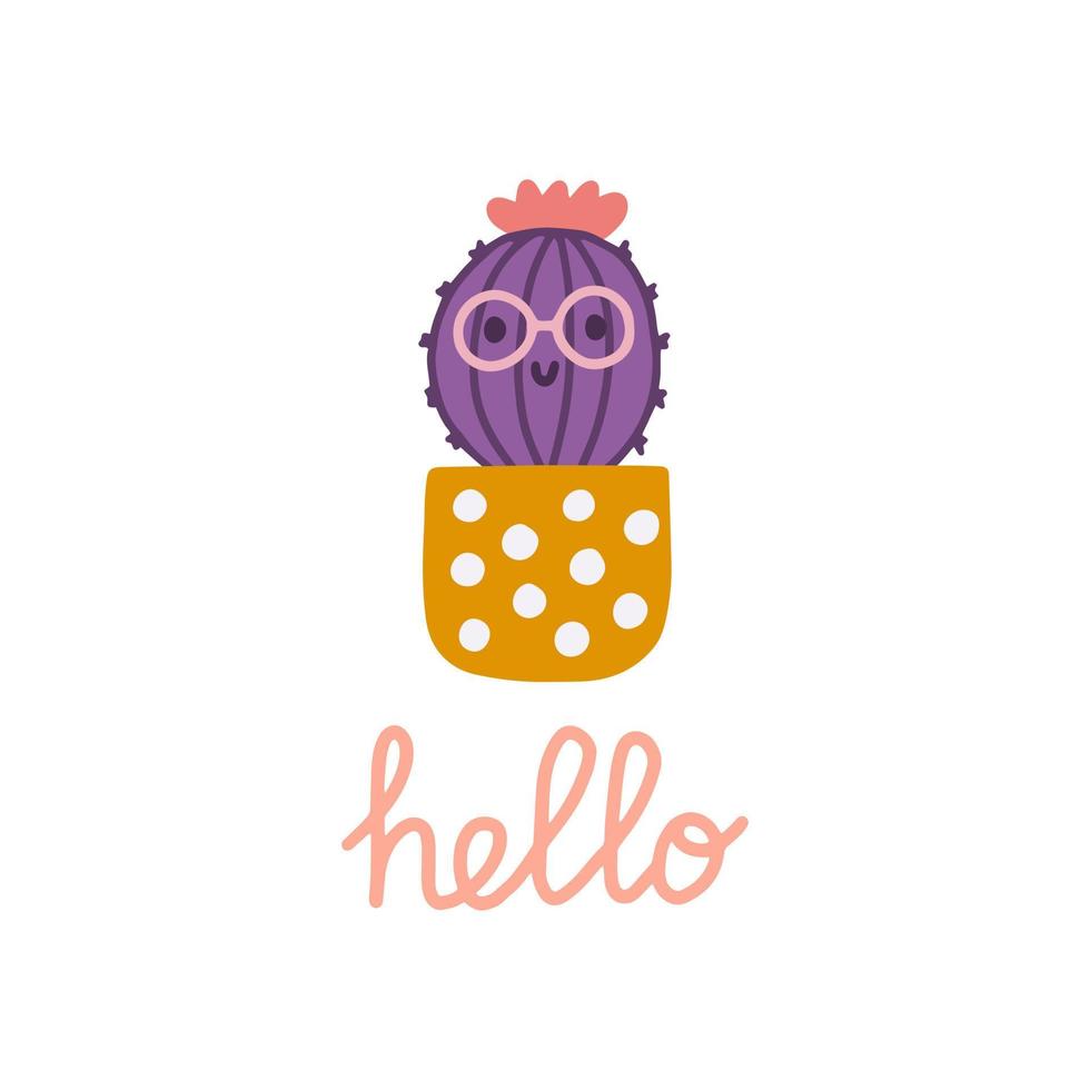 Cute succulent cactus in pot with hand lettering Hello in hand drawn style, ready made postcard design, paper products vector