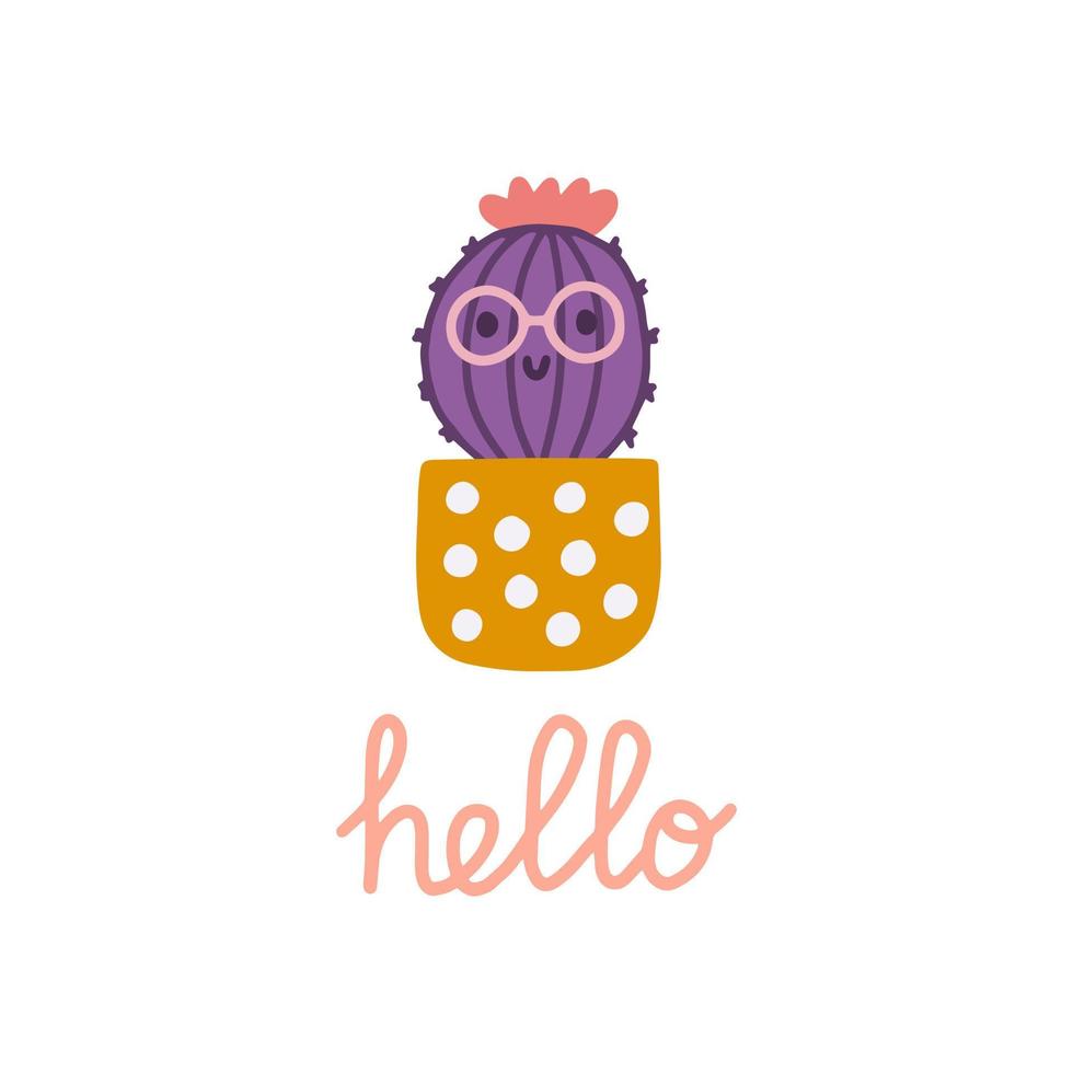 lindo cactus suculento en maceta con letras a mano hola en estilo dibujado a mano, diseño de postal listo para usar, productos de papel vector