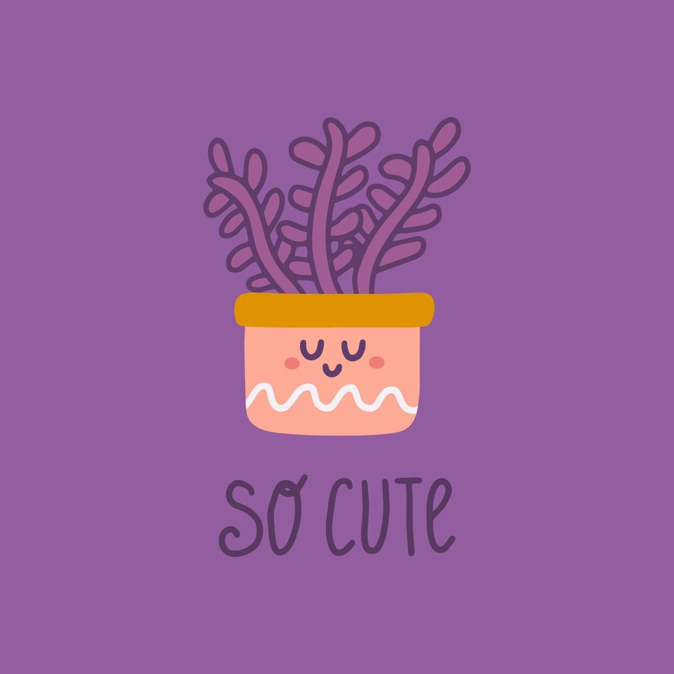 Cute succulent in pot with hand lettering So Cute on purple background in hand drawn style, ready made postcard design, paper products vector