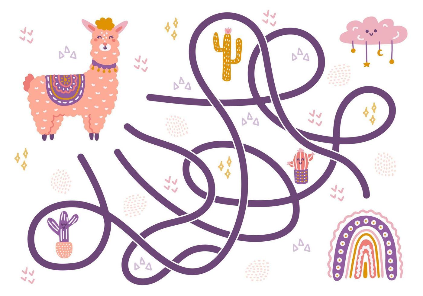 Labyrinth, help the llama find the right way to the rainbow. Logical quest for children. Cute illustration for childrens books, educational game vector