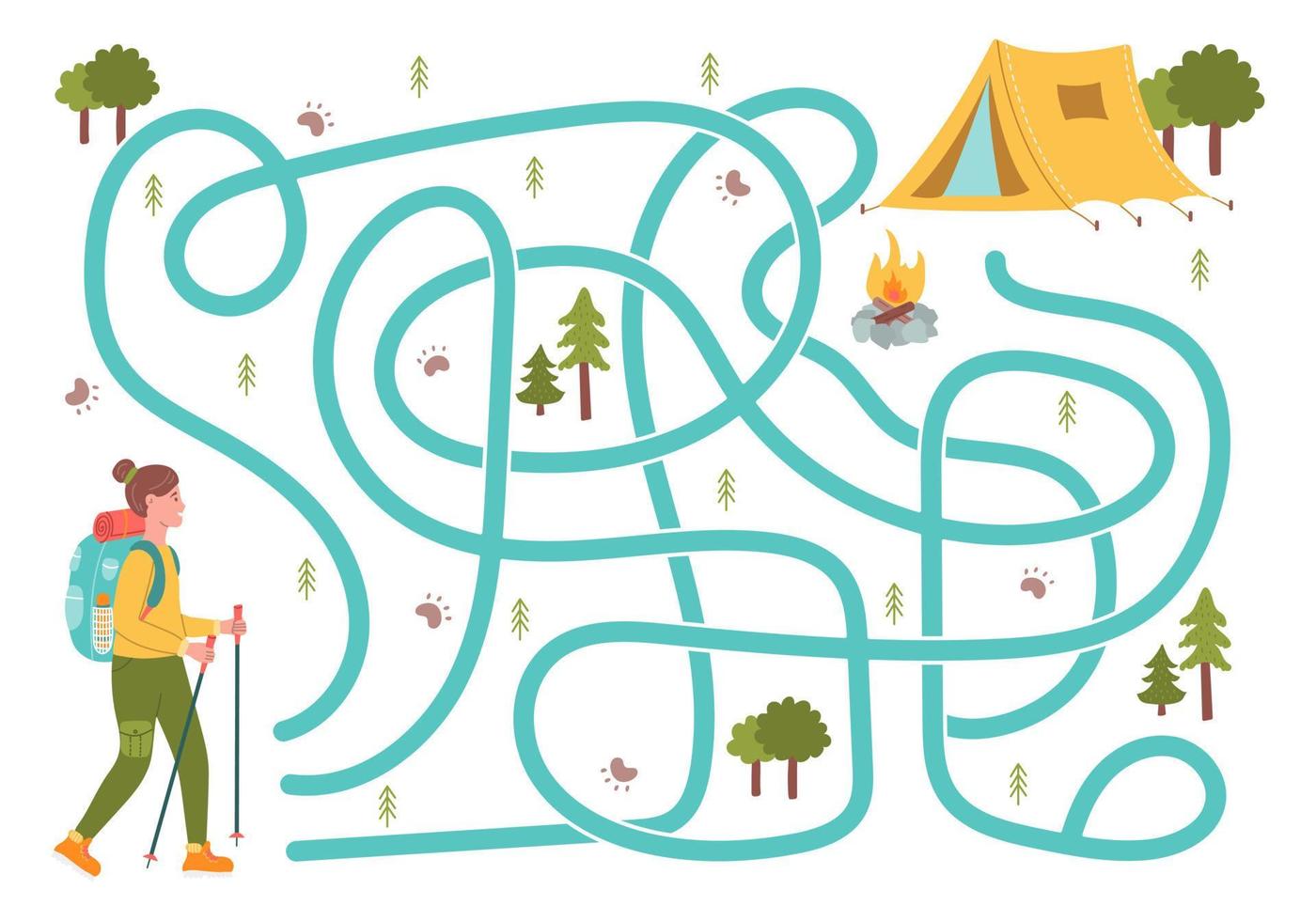 Labyrinth, help the girl traveler to find the right way to the tourist camp. Logical quest for children. Cute illustration for childrens books, educational game vector