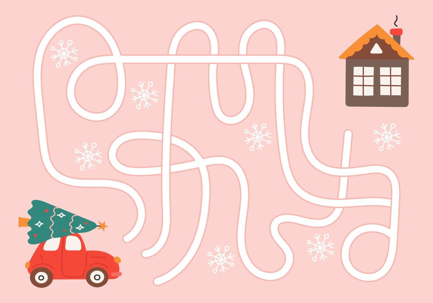 Labyrinth, help the car with the Christmas tree to find the right way to the house. Logical quest for children. Cute illustration for childrens books, educational game vector