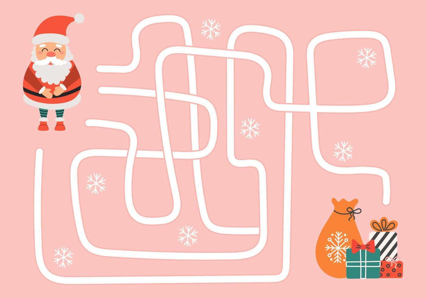 Labyrinth, help Santa Claus find the right way to Christmas gifts. Logical quest for children. Cute illustration for childrens books, educational game vector
