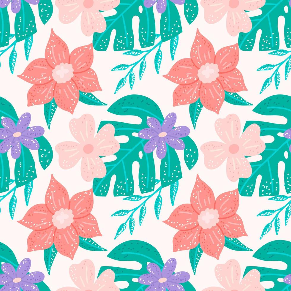 Tropical plants and flowers with texture on light background, exotic seamless pattern vector