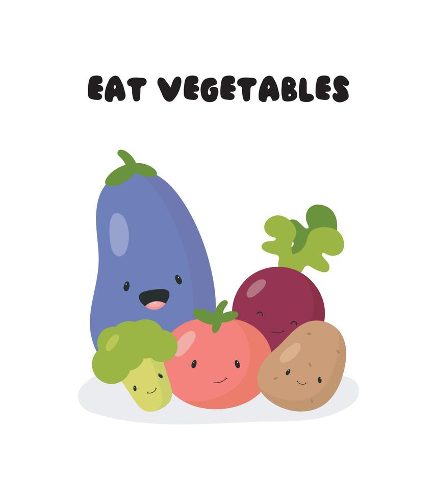 Poster with funny vegetables. For card, posters, banners, books, printing on the pack, printing on clothes, fabric, textile or dishes. Vector illustration in cartoon style.