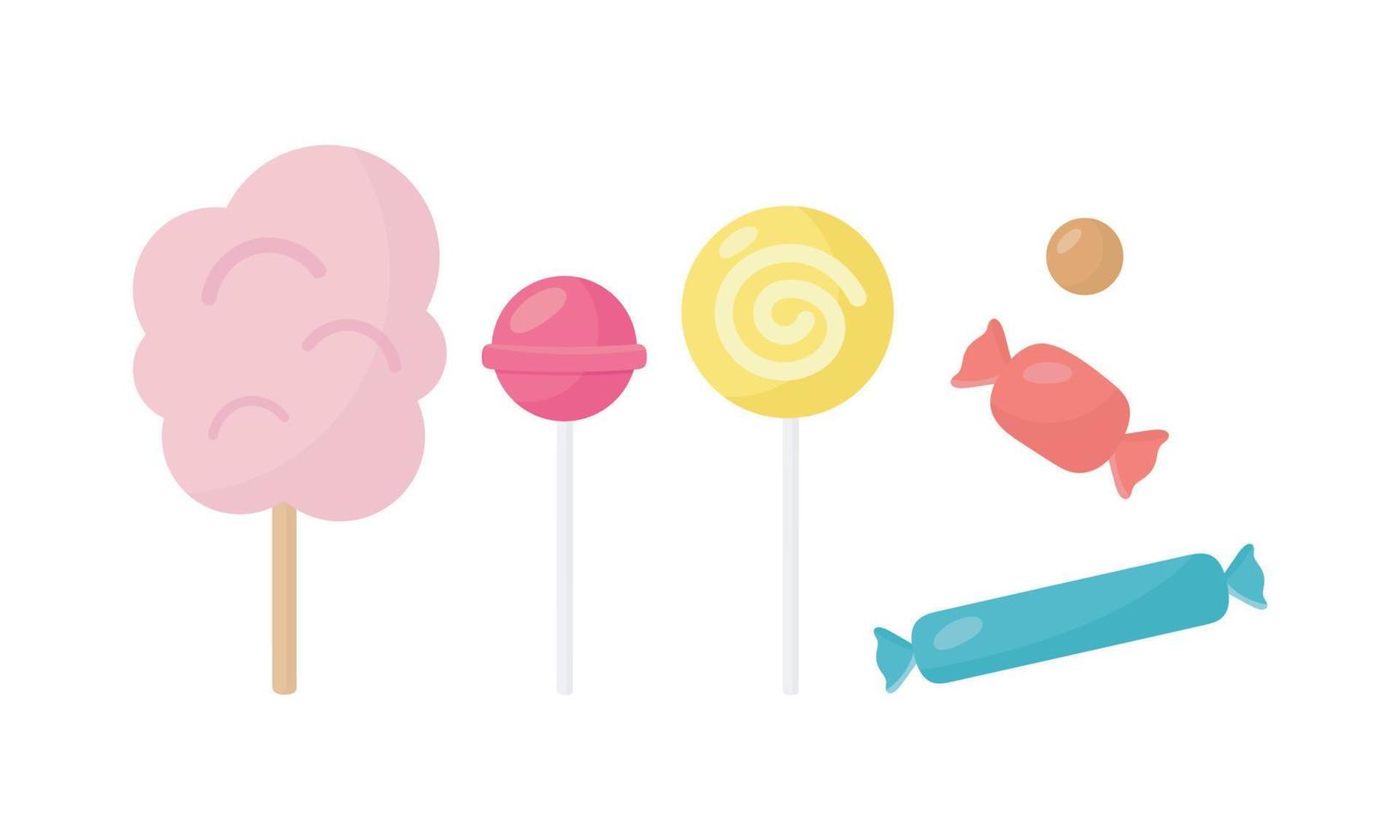 conjunto de dulces algodón de azúcar, piruleta, caramelo de chocolate, caramelo de caramelo. ilustración vectorial en estilo de dibujos animados. vector