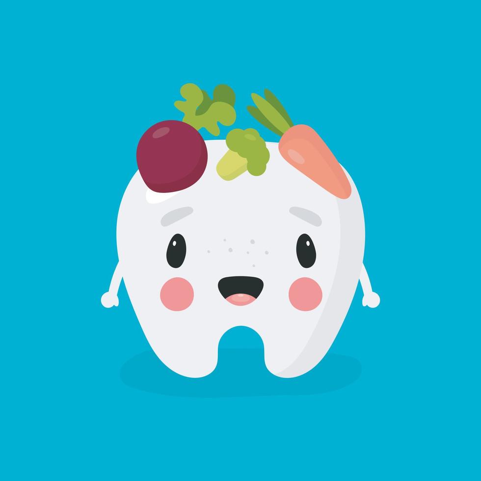 Poster about dental hygiene in cartoon style. The illustration shows funny tooth and healthy food for him. Dental concept for children dentistry and orthodontics. Vector illustration.