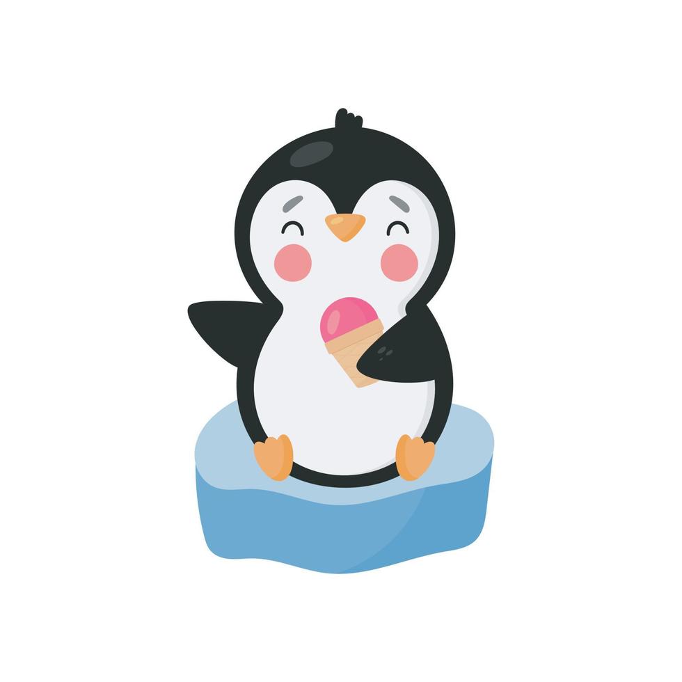 lindo pingüino con helado. estilo de dibujos animados ilustración vectorial para tarjetas, carteles, pancartas, libros, impresión en el paquete, impresión en ropa, tela, papel tapiz, textil o platos. vector