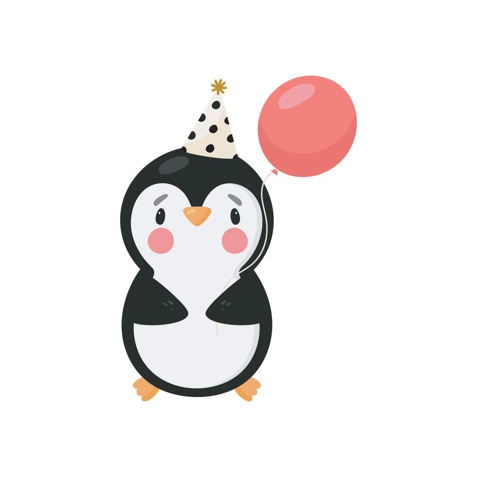 lindo pingüino con globo. estilo de dibujos animados ilustración vectorial para tarjetas, carteles, pancartas, libros, impresión en el paquete, impresión en ropa, tela, papel tapiz, textil o platos. vector