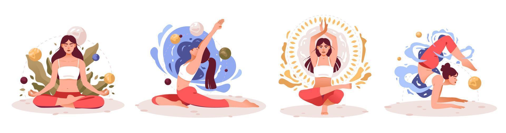 Women practice yoga and meditation. Practice meditation. The concept of Zen and harmony. Mental health. A girl in different yoga poses. Vector illustration