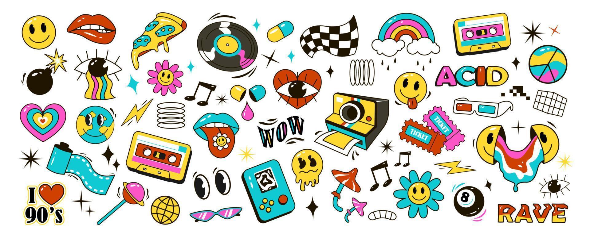 Acid rave set. Psychedelic trippy, acidic abstract characters and objects.  A set of Y2K-style elements for graphic design. Vector illustration 8832260  Vector Art at Vecteezy