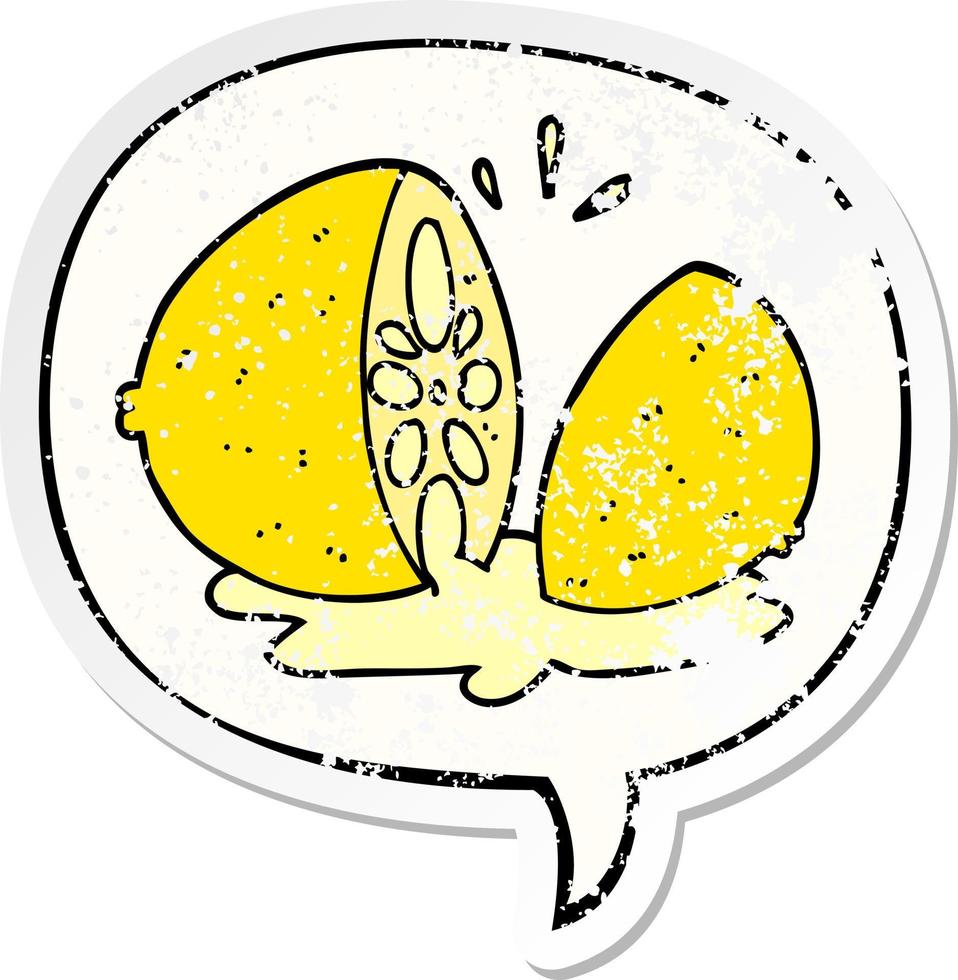 pegatina angustiada de limón cortado de dibujos animados y burbuja de habla vector