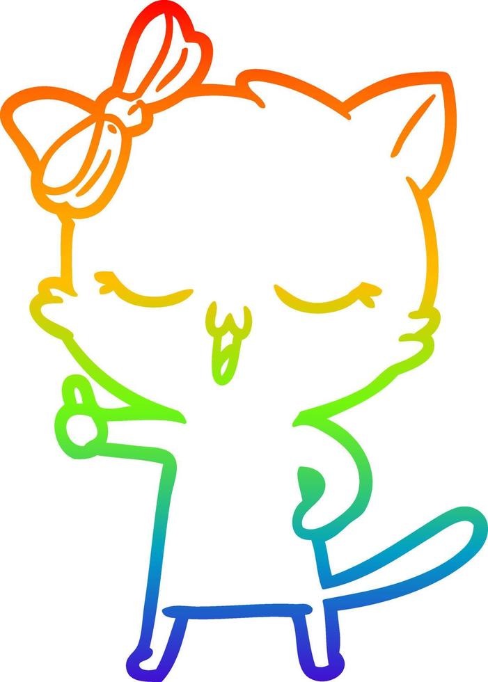 rainbow gradient line drawing cartoon cat with bow on head vector