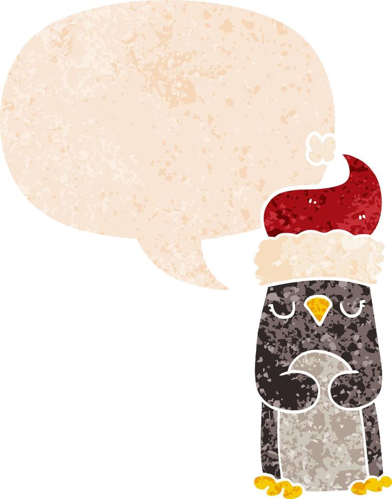 cartoon christmas penguin and speech bubble in retro textured style vector