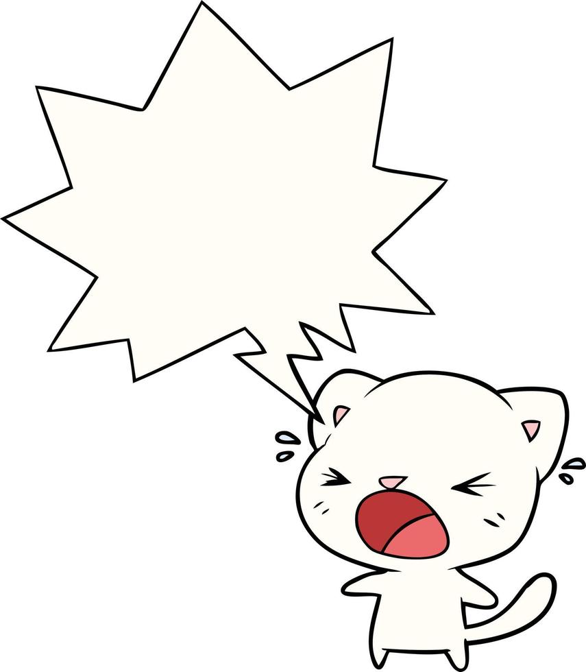 lindo gato de dibujos animados llorando y burbuja del habla vector