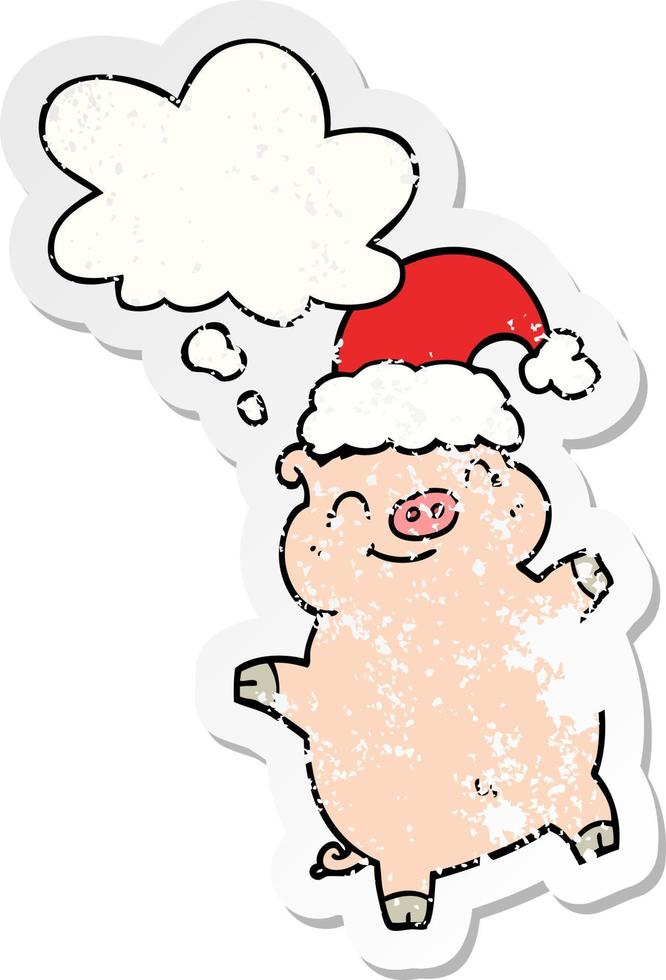 cartoon happy christmas pig and thought bubble as a distressed worn sticker vector