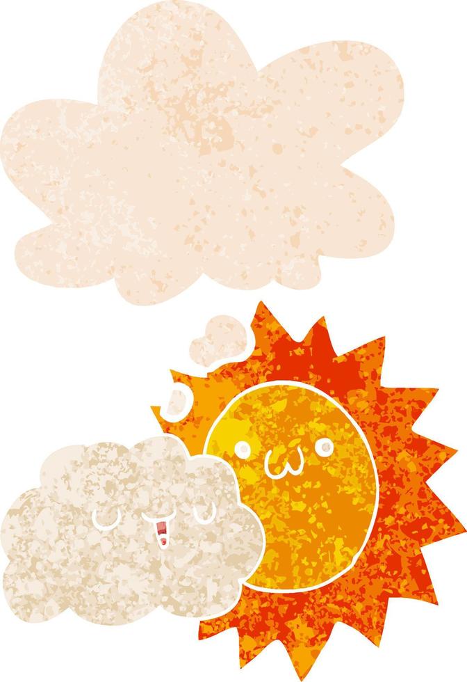 dibujos animados sol y nube y burbuja de pensamiento en estilo retro texturizado vector