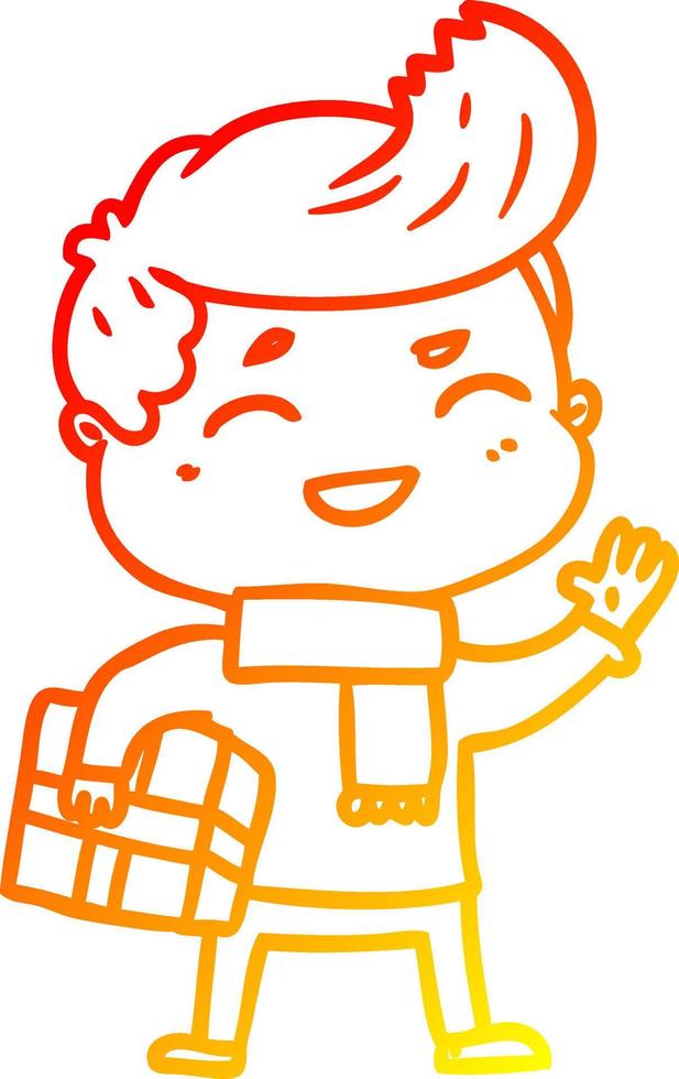 warm gradient line drawing cartoon man laughing carrying parcel vector