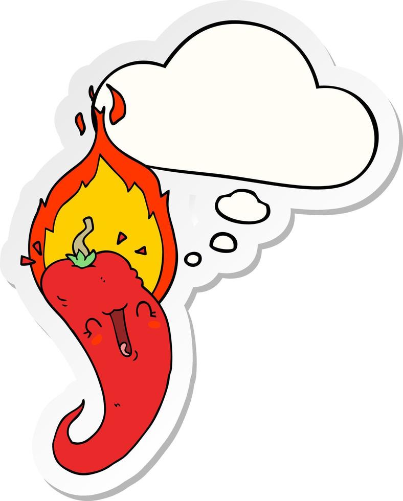 cartoon flaming hot chili pepper and thought bubble as a printed sticker vector