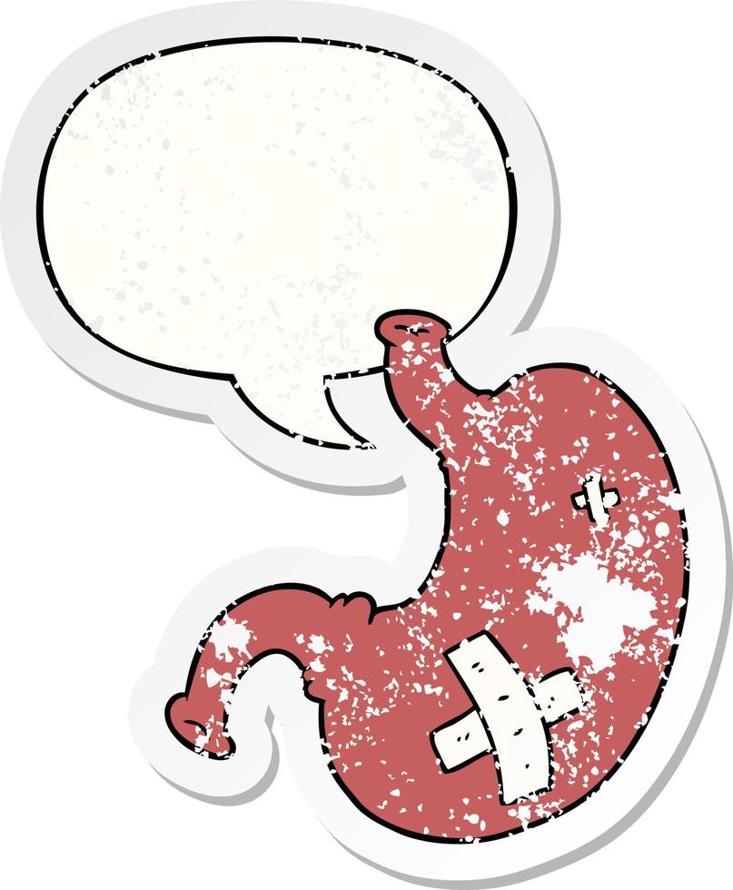 cartoon stomach and speech bubble distressed sticker vector