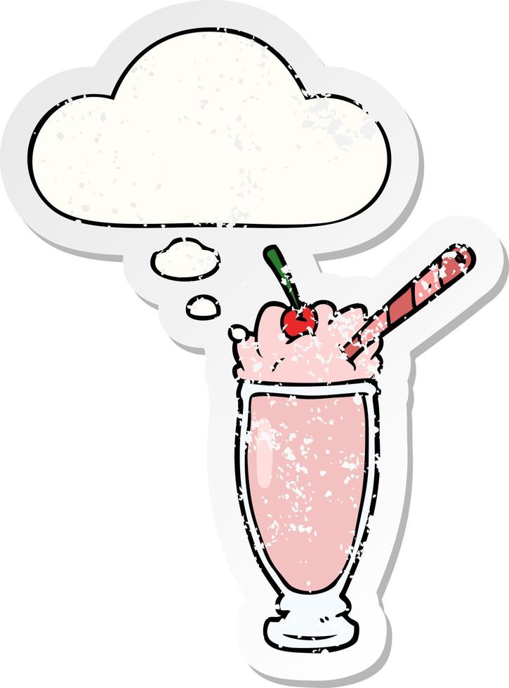 cartoon milkshake and thought bubble as a distressed worn sticker vector