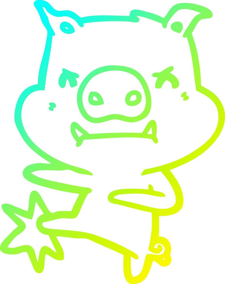 cold gradient line drawing angry cartoon pig karate kicking vector