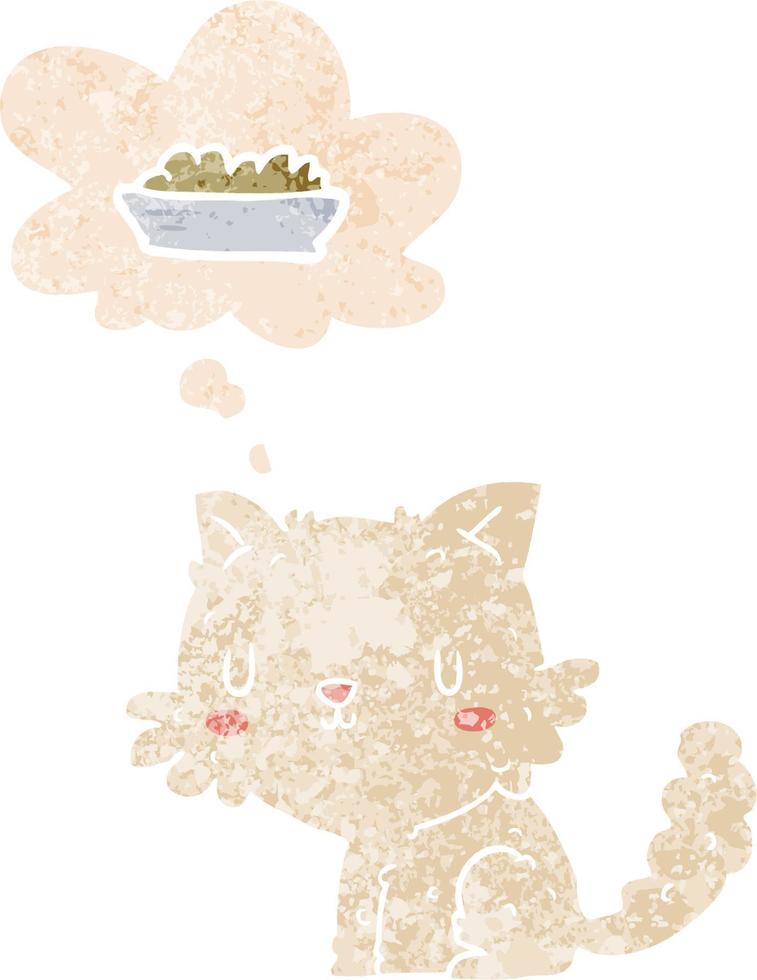 cartoon cat and food and thought bubble in retro textured style vector