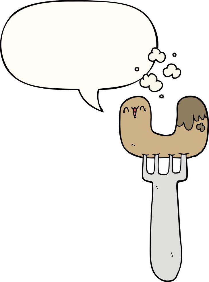 cartoon sausage on fork and speech bubble vector