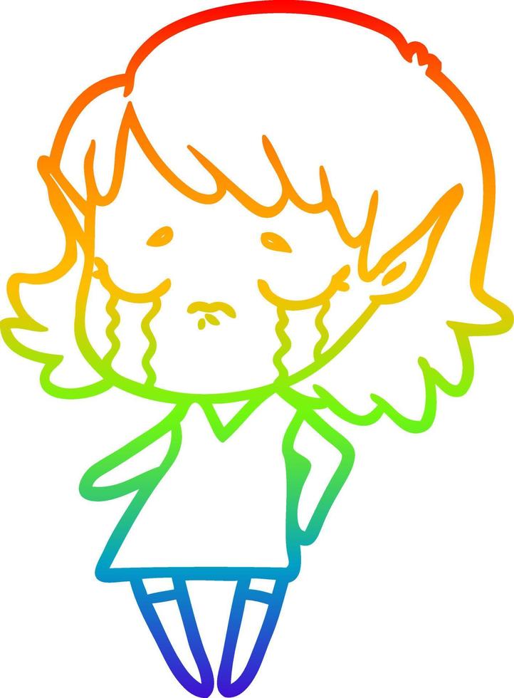 rainbow gradient line drawing crying cartoon elf girl vector